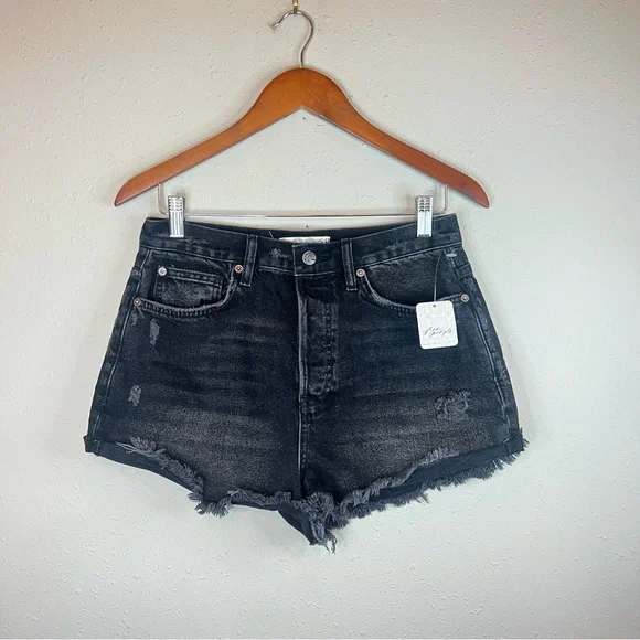 Free People Lasso Women’s Short Highest Rise Ripped Black Denim Shorts Sz 29 NEW